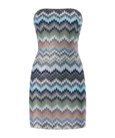Missoni Strapless Striped Crochet-knit Mini Dress In Blue