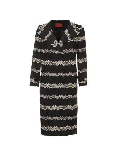 Pre-owned Missoni Chevron-knit Double-breasted Coat In Black