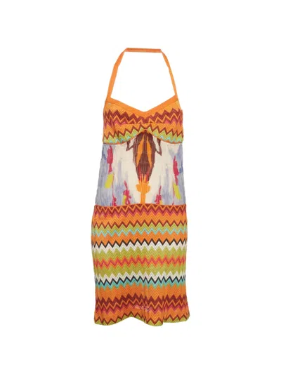 Pre-owned Missoni Chevron-knit Halter-neck Mini Dress In Orange