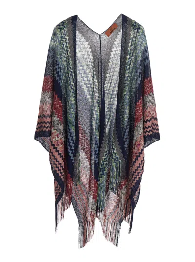 Missoni Chevron-patterned Viscose Knit Cape In Navy