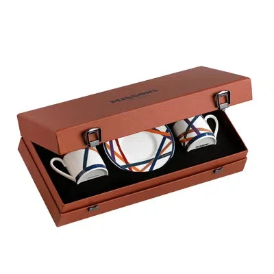Missoni Coffee Cup & Saucer Nastri Set Of 2 In Luxury Box Multicolor Diam. 2.3in, H 2.5in, Cap. 4 oz In Orange;white;blue