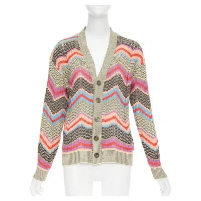 Pre-owned Missoni Collection Yellow Brown Multicolor Chevon Intarsia Knitted Cardigan Xs
