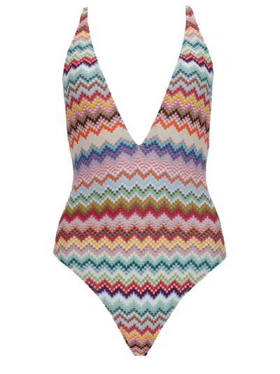 Missoni Multicolor One-piece Swimsuit With V-neck And All-over Zig-zag Motif In Stretch Viscose Blend Woman