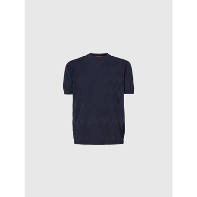 Missoni Cotton And Silk Knit Crewneck T-shirt With 3d Chevron In Blue