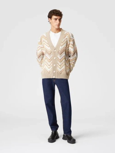 Missoni Cotton And Wool Blend Cardigan With Macro Zig Zag In Beige