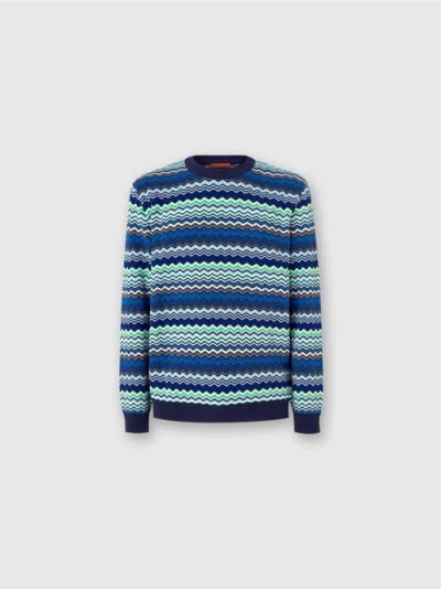 Missoni Cotton Crew-neck Pullover With Micro Zigzag And Contrasting Piping In Blue