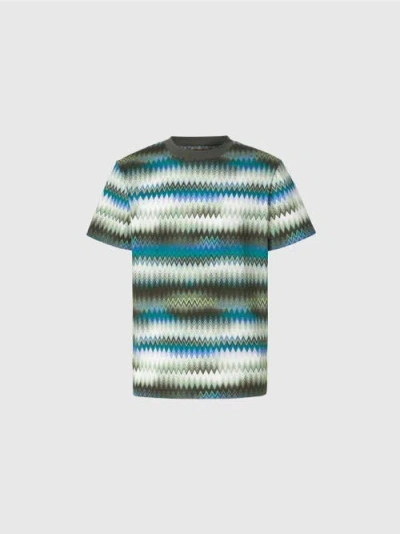 Missoni Cotton Crewneck T-shirt With Gradient Micro Zigzag Print In Green