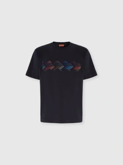 Missoni Cotton Crewneck T-shirt With Gradient Zig Zag Insert In Blue