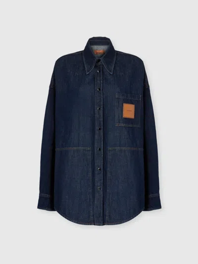 Missoni Cotton Denim Overshirt With Logo Patch In Blue