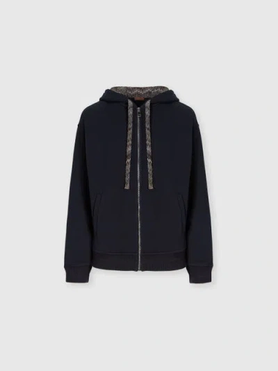 Missoni Cotton Fleece Cardigan With Zigzag Insert And Hood In Blue