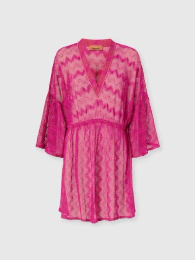 Missoni Cover-up Dress In Zig Zag Lamé Viscose With Wide Sleeves In Purple