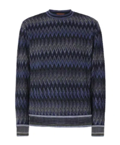 Missoni Crew Neck Sweater With 3d Zigzag Pattern In Blue