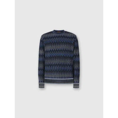 Missoni Crew Neck Sweater With 3d Zigzag Pattern In Blue