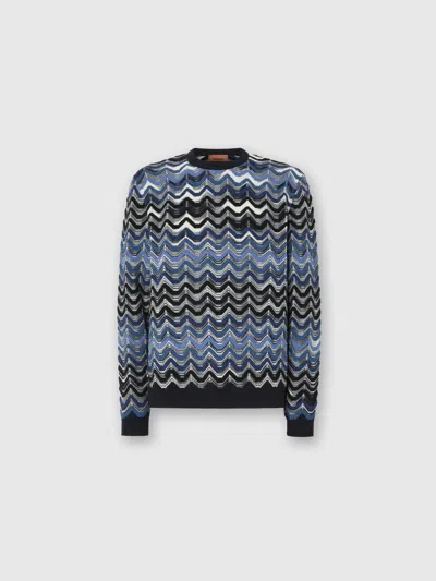 Missoni Crew Neck Sweater With Geometric Zigzag Pattern In Blue