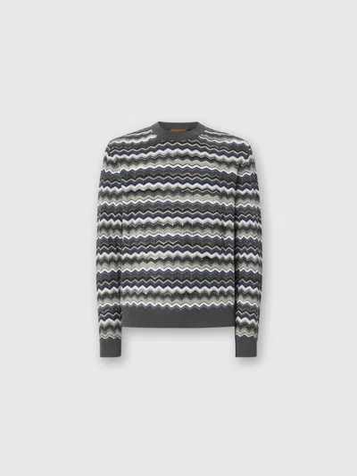 Missoni Crew Neck Sweater With Zigzag Pattern In Gray