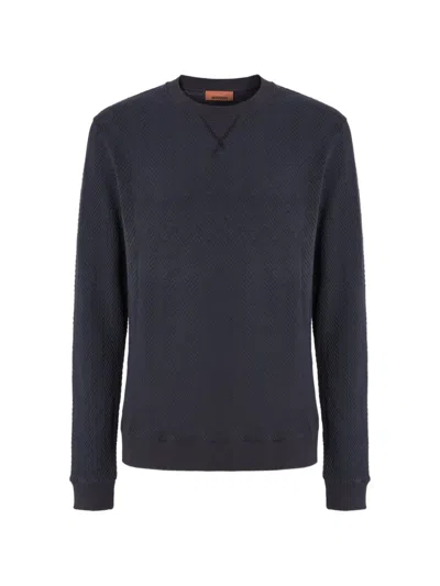 Missoni Crew-neck Cotton And Viscose Sweatshirt With Tone-on-tone Zigzag Pattern In Blue