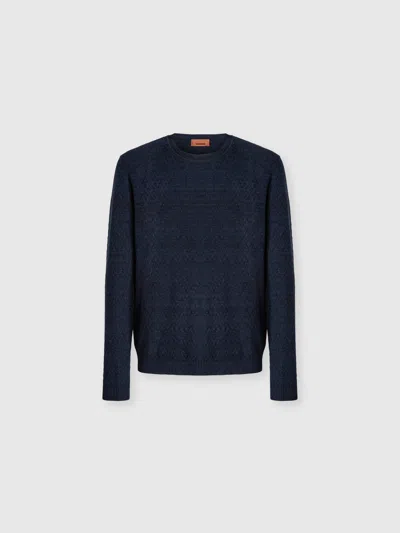 Missoni Crew-neck Wool And Cotton Pullover With Tone-on-tone Zigzag Pattern In Blue
