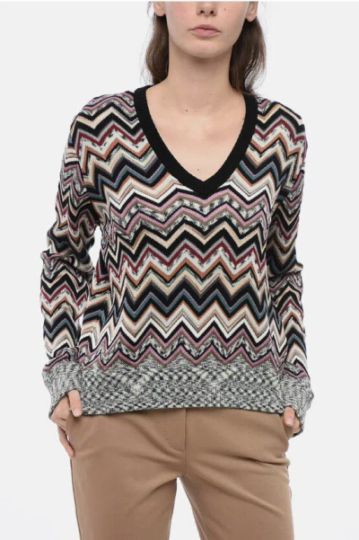 Missoni Crew Neck Wool Blend Sweater With Iconic Pattern In Neutral