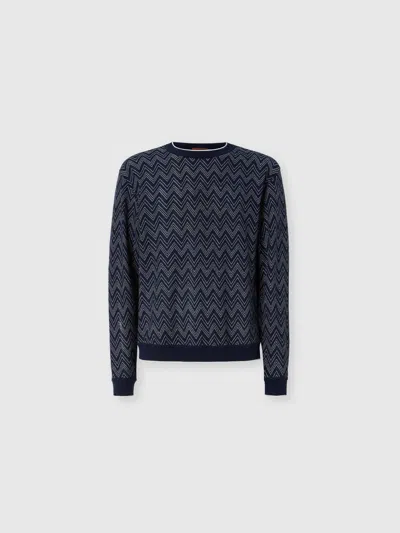 Missoni Crew-neck Cashmere Pullover With Zigzag Pattern In Blue