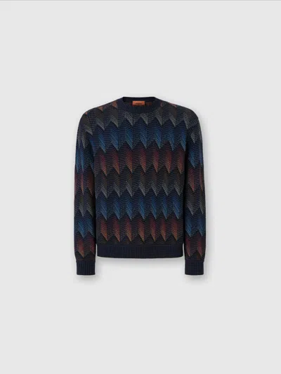 Missoni Crewneck Sweater In Gradient Cotton Chevron Blend With Contrasting Piping In Blue