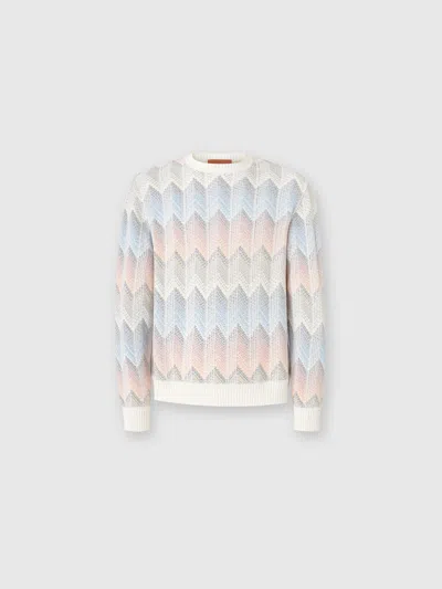 Missoni Crewneck Sweater In Gradient Cotton Chevron Blend With Contrasting Piping In White