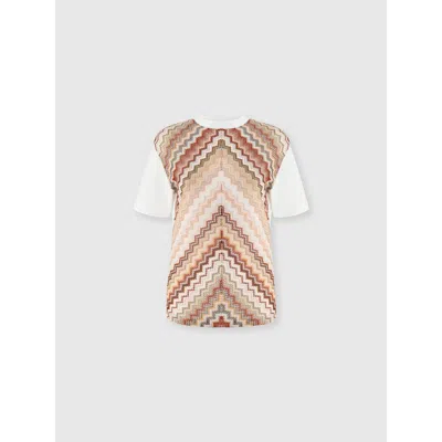 Missoni Crewneck T-shirt With Lamé Zig Zag Knit Insert In White & Beige