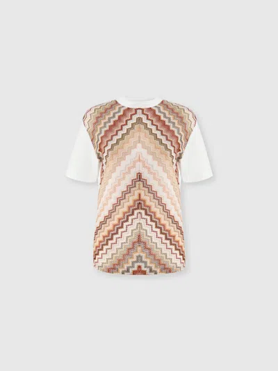 Missoni T-shirt Mit Rundhalsausschnitt Und Zick-zack-strickeinsatz Aus Lamé In White,beige