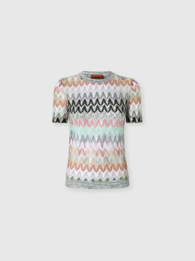 Missoni Crew-neck T-shirt In Cotton And Viscose Lamé With Lace Motif In Multi