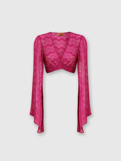 MISSONI CROP TOP WITH WIDE SLEEVES AND FRONT KNOT IN ZIG ZAG LAMÉ VISCOSE