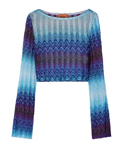 Missoni Cropped Ombré Metallic Crochet-knit Top In Blue