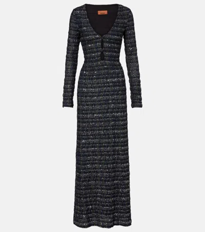 Missoni Cutout Knitted Lamé Maxi Dress In Blue