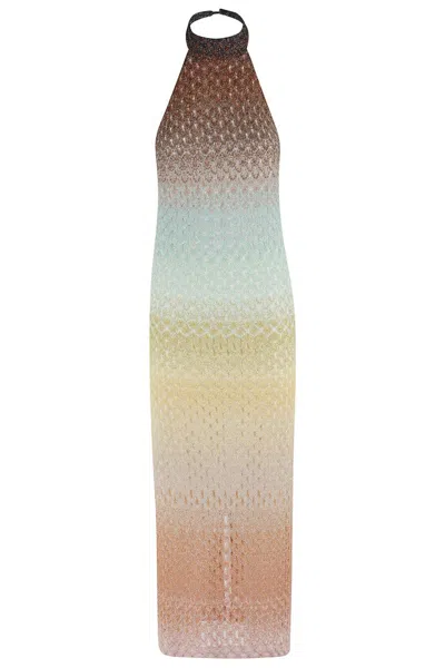 MISSONI DEGRADÈ EMBROIDERED MIDI DRESS WITH HALTER NECKLINE