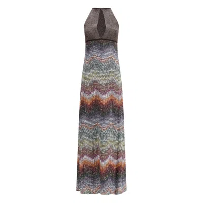 Missoni Long Halter-neck Dress In A Greek-style Zigzag Knit With Sequins Clothing In Multi