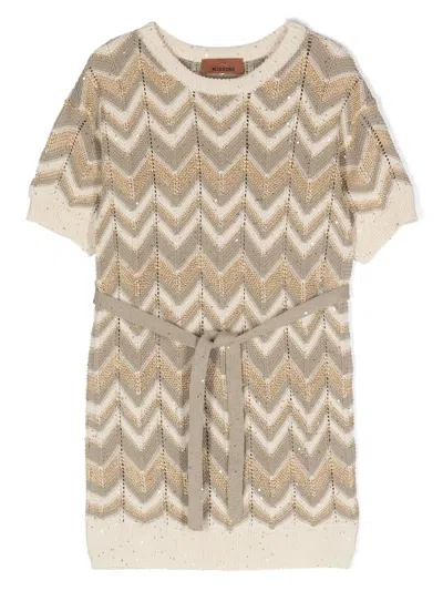 Missoni Kids' Zigzag-knit Belted Minidress In Beige