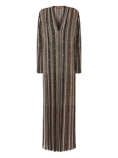 Missoni Long Dress With V-neck And Herringbone Stripe Knit In Multi