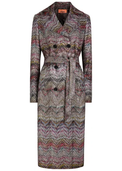Missoni Long Double-breasted Trench Coat With Wavy Zigzag Pattern In Multi
