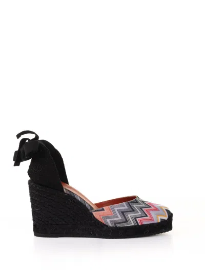 Missoni Espadrilles In Chevron Fabric With Wedge And Ankle Laces In Black