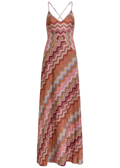 Missoni Multicolor Long Dress With Crossed Shoulder Straps And All-over Zigzag Motif In Viscose Woman In Brown