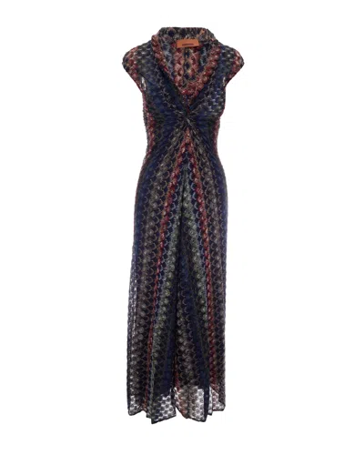 Missoni Fitted Multicolored Zigzag Pattern V-neck Knit Midi Dress In Black