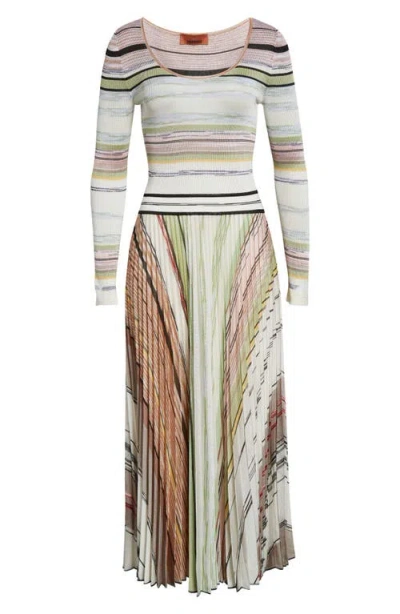 Missoni Flame Space Dye Stripe Pleated Long Sleeve Knit Dress In Multi