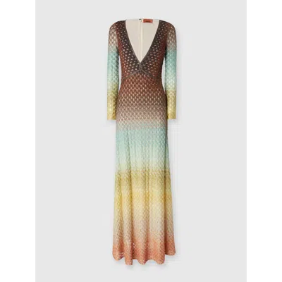 MISSONI MISSONI FLARED DÉGRADÉ LONG DRESS WITH V-NECK