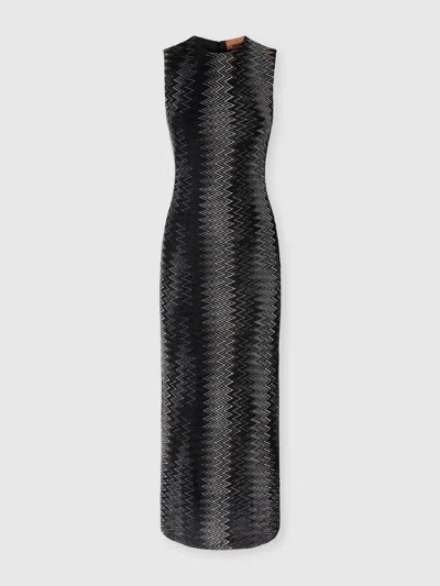 Missoni Flared Midi Dress In Viscose Lamé Chevron In Black