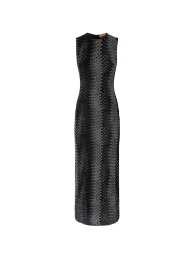 Missoni Flared Midi Dress In Viscose Lamé Chevron In Black