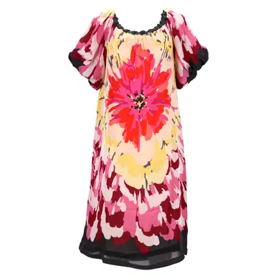 Missoni Floral Printed Midi Puffed Sleeve In Multicolor Silk In Pink