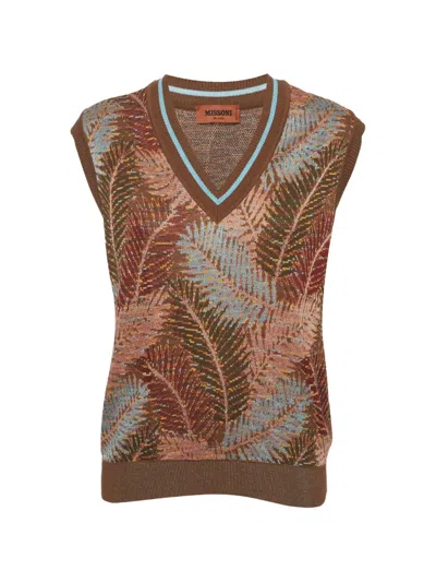 Pre-owned Missoni Foliage-pattern V-neck Knitted Cotton Vest In Brown