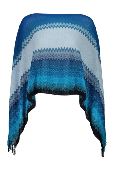 Missoni Fringed Knit Poncho In Blue