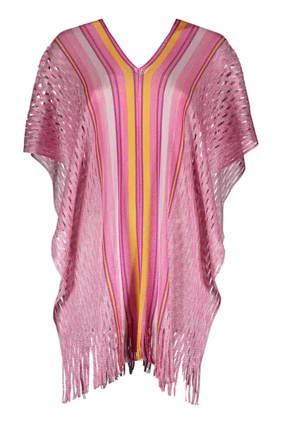 Missoni Fringed Knit Poncho In Pink