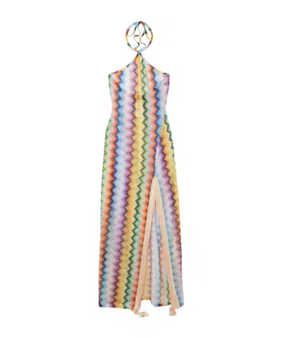 Missoni Fringed Striped Crochet-knit Halterneck Maxi Dress In Multi