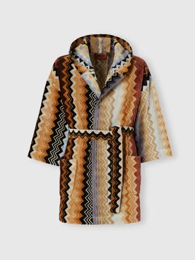 Missoni Giacomo Bathrobe In Cotton Terry With Zigzag Pattern In Black Multicoloured