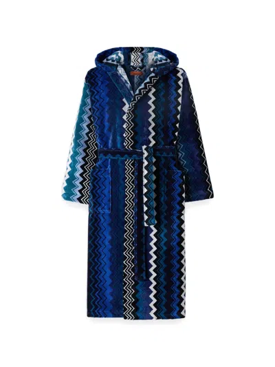 Missoni Giacomo Hooded Zigzag-pattern Bathrobe In Blue
